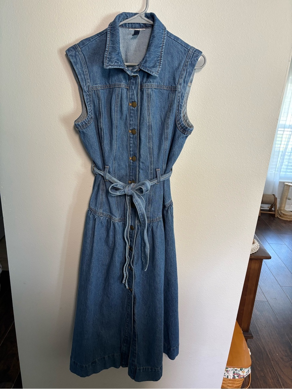 Universal Thread Sleeveless Denim Maxi Dress in Blue with Waist Tie